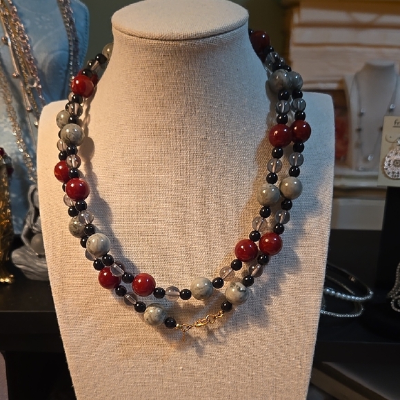 Monet Red and Gray Beaded Necklace Y-Shape Design - Picture 2 of 5